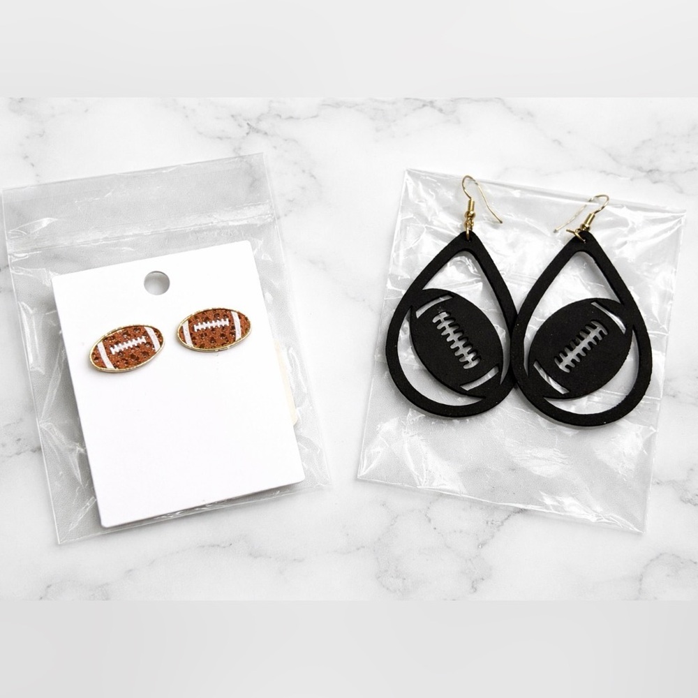 NWOT Football Earrings Lot 2 Pairs - Brown Leopard Studs & Large Black Teardrop